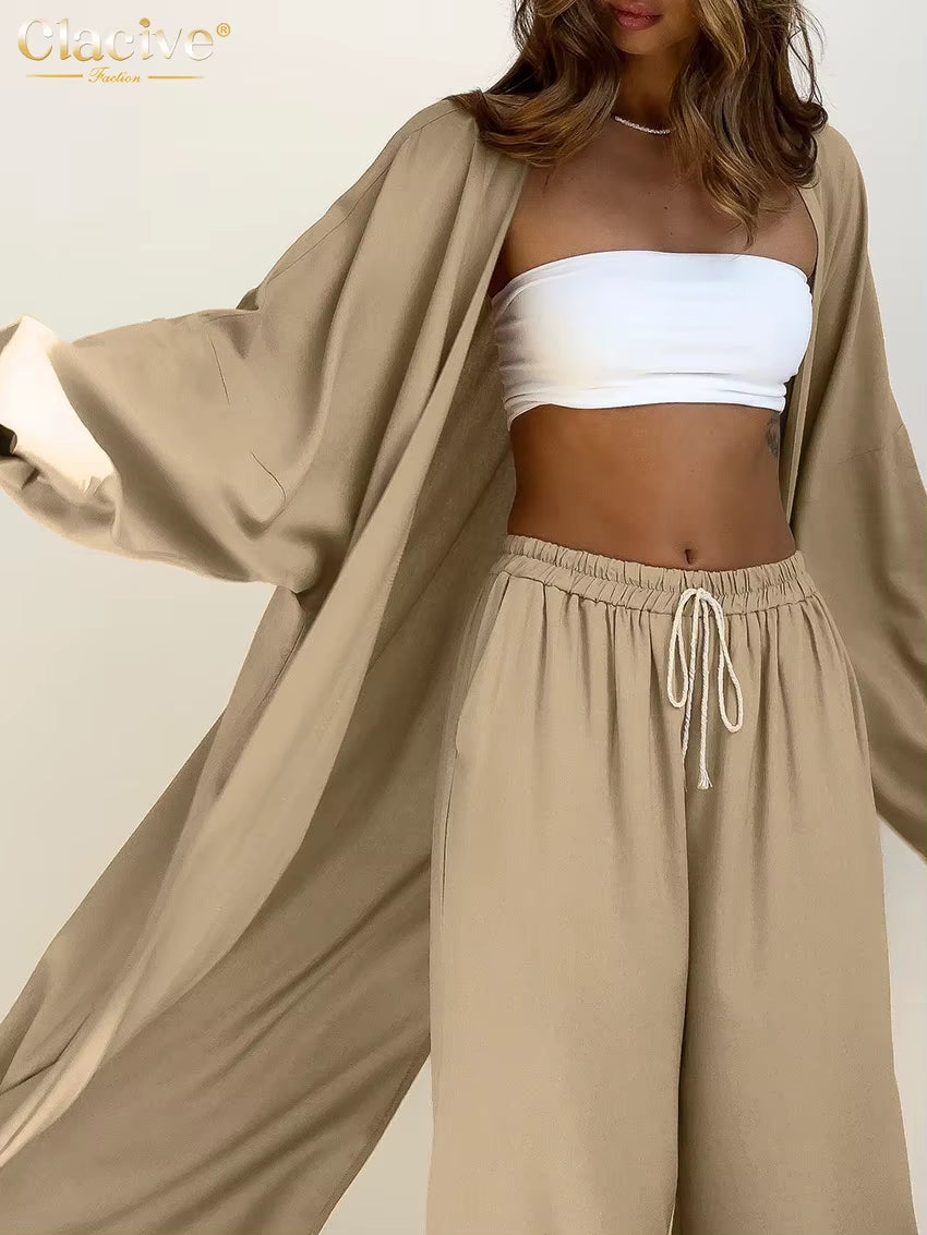 Fashion Loose Khaki 2 Piece Sets Women Outfit 2024 Casual Long Sleeve Robes with High Waist Wide Pants Set Streetwear