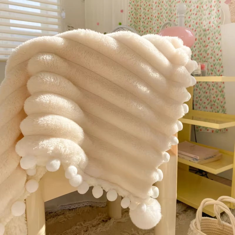Solid Color Striped Fluffy Blanket Milk Velvet Soft Blanket with Cute Pompoms 3D Stereo Craft Travel Warm Bedding All Season