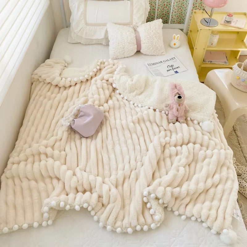 Solid Color Striped Fluffy Blanket Milk Velvet Soft Blanket with Cute Pompoms 3D Stereo Craft Travel Warm Bedding All Season