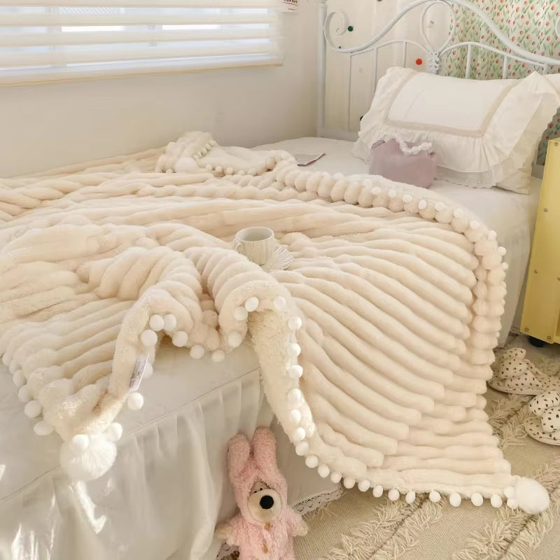 Solid Color Striped Fluffy Blanket Milk Velvet Soft Blanket with Cute Pompoms 3D Stereo Craft Travel Warm Bedding All Season