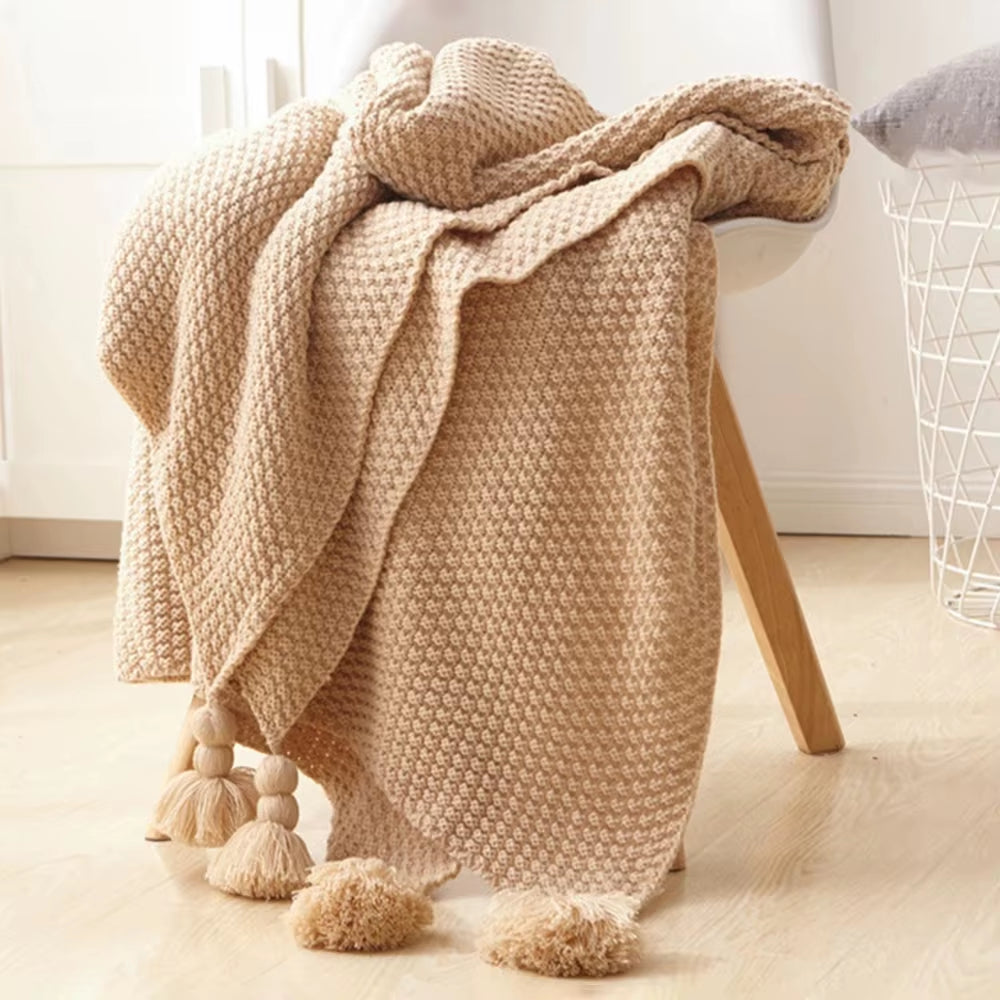 Tassel Blanket Knitted Ball Woolen Sofa Warm Cozy Throw Blankets for Office Siesta Air-Conditioner Bedspread Bedding Tapestry