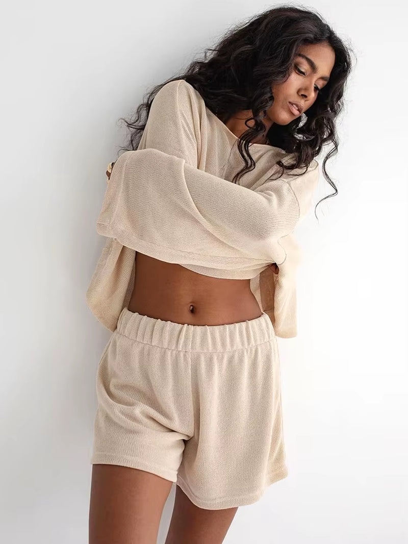 Knitted Sleepwear Female Set Casual Khaki Loose Pajamas for Women 2 Piece Sets Long Sleeve O Neck Nightwear Spring 2024