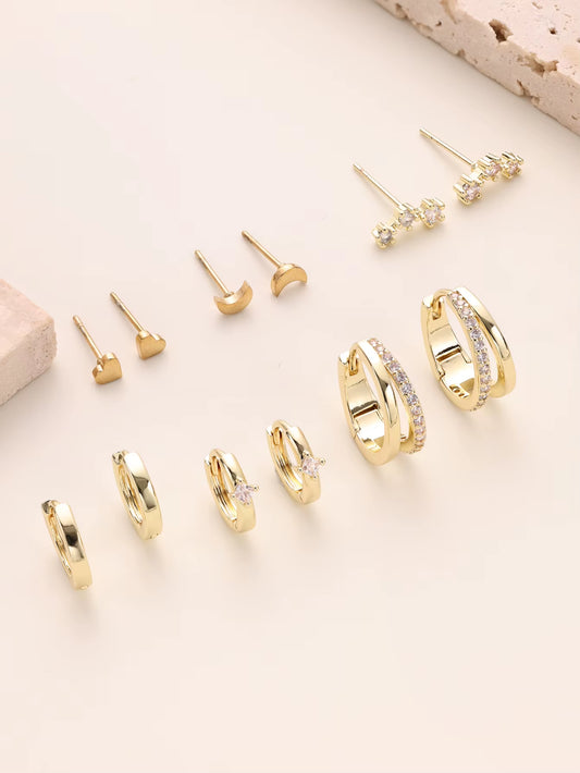 6 Pairs Small Gold Hoop Stud Earrings Set for Somen, 14K Gold Plated Huggie Hoop Earrings Double Hoop Earrings CZ Stud Earrings