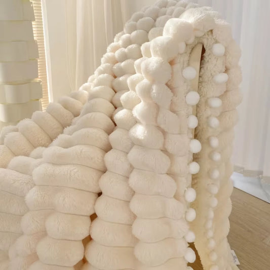 Solid Color Striped Fluffy Blanket Milk Velvet Soft Blanket with Cute Pompoms 3D Stereo Craft Travel Warm Bedding All Season