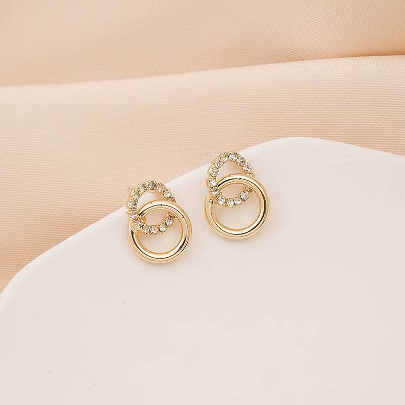 Gold Color Double Circle Stud Earrings for Women Korean Exquisite Simple Metal Crystal Earring Luxury Party Jewelry Gifts