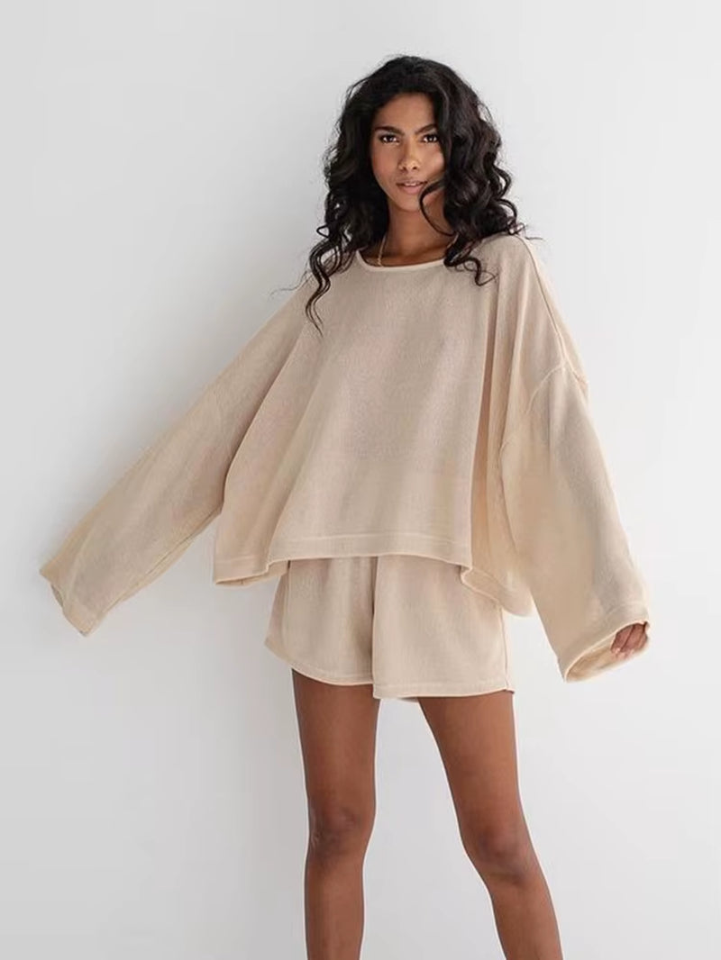 Knitted Sleepwear Female Set Casual Khaki Loose Pajamas for Women 2 Piece Sets Long Sleeve O Neck Nightwear Spring 2024