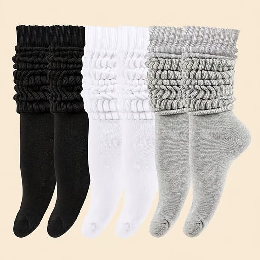 3 Pairs Solid Simple Socks, Soft & Comfy Slouchy Mid-Calf Socks, Women'S Stockings & Hosiery
