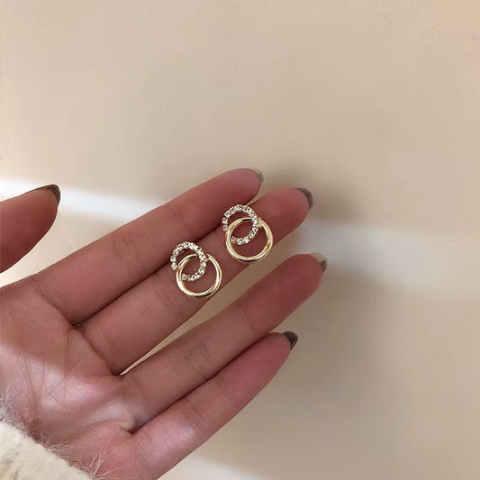 Gold Color Double Circle Stud Earrings for Women Korean Exquisite Simple Metal Crystal Earring Luxury Party Jewelry Gifts