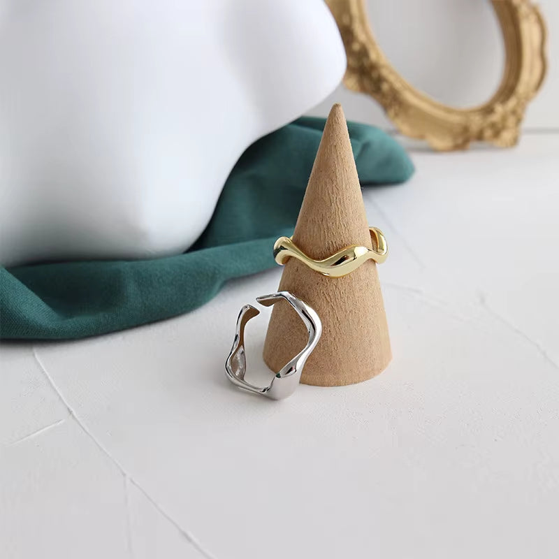 Silver Color Creative Handmade Rings Irregular Wave Smooth Engagement Jewelry for Women Size 16.5Mm Adjustable