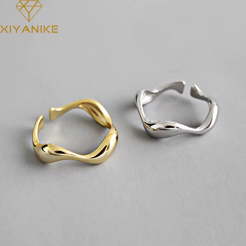 Silver Color Creative Handmade Rings Irregular Wave Smooth Engagement Jewelry for Women Size 16.5Mm Adjustable