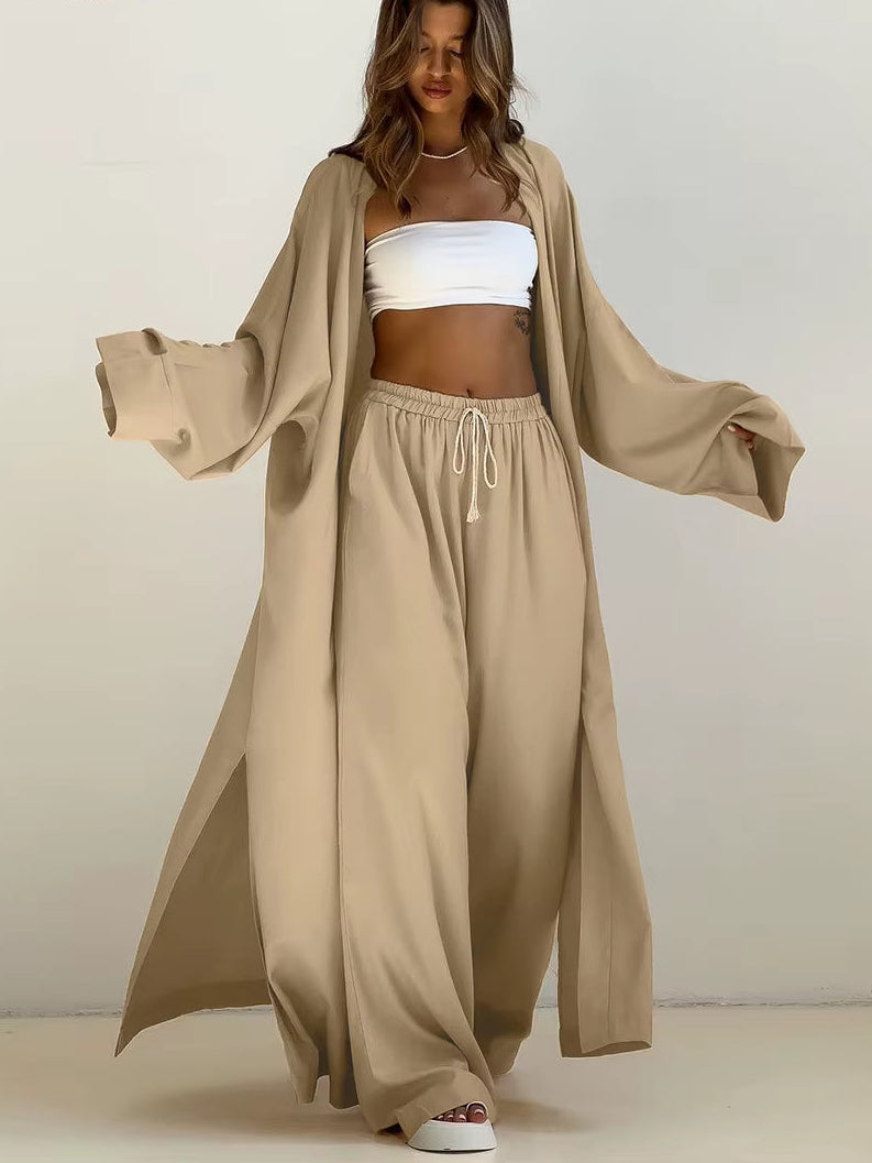 Fashion Loose Khaki 2 Piece Sets Women Outfit 2024 Casual Long Sleeve Robes with High Waist Wide Pants Set Streetwear
