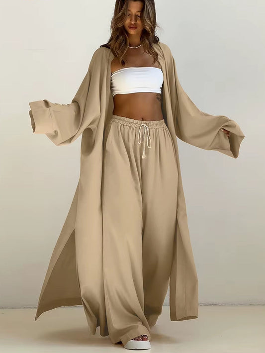 Fashion Loose Khaki 2 Piece Sets Women Outfit 2024 Casual Long Sleeve Robes with High Waist Wide Pants Set Streetwear