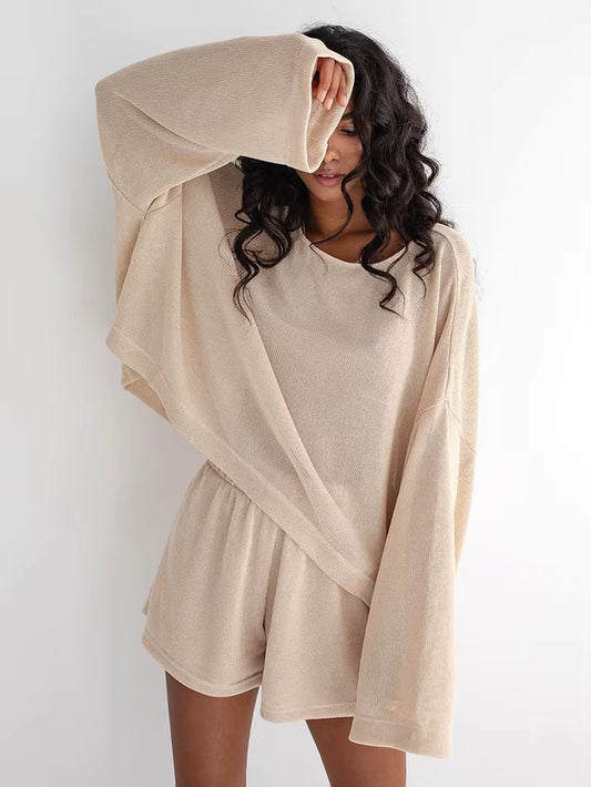 Knitted Sleepwear Female Set Casual Khaki Loose Pajamas for Women 2 Piece Sets Long Sleeve O Neck Nightwear Spring 2024