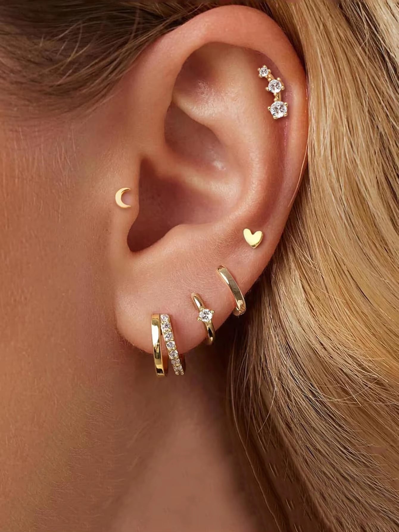 6 Pairs Small Gold Hoop Stud Earrings Set for Somen, 14K Gold Plated Huggie Hoop Earrings Double Hoop Earrings CZ Stud Earrings