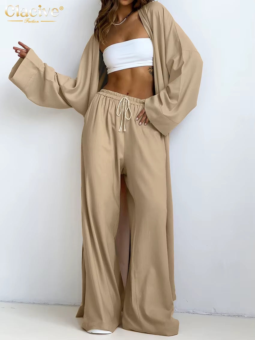 Fashion Loose Khaki 2 Piece Sets Women Outfit 2024 Casual Long Sleeve Robes with High Waist Wide Pants Set Streetwear