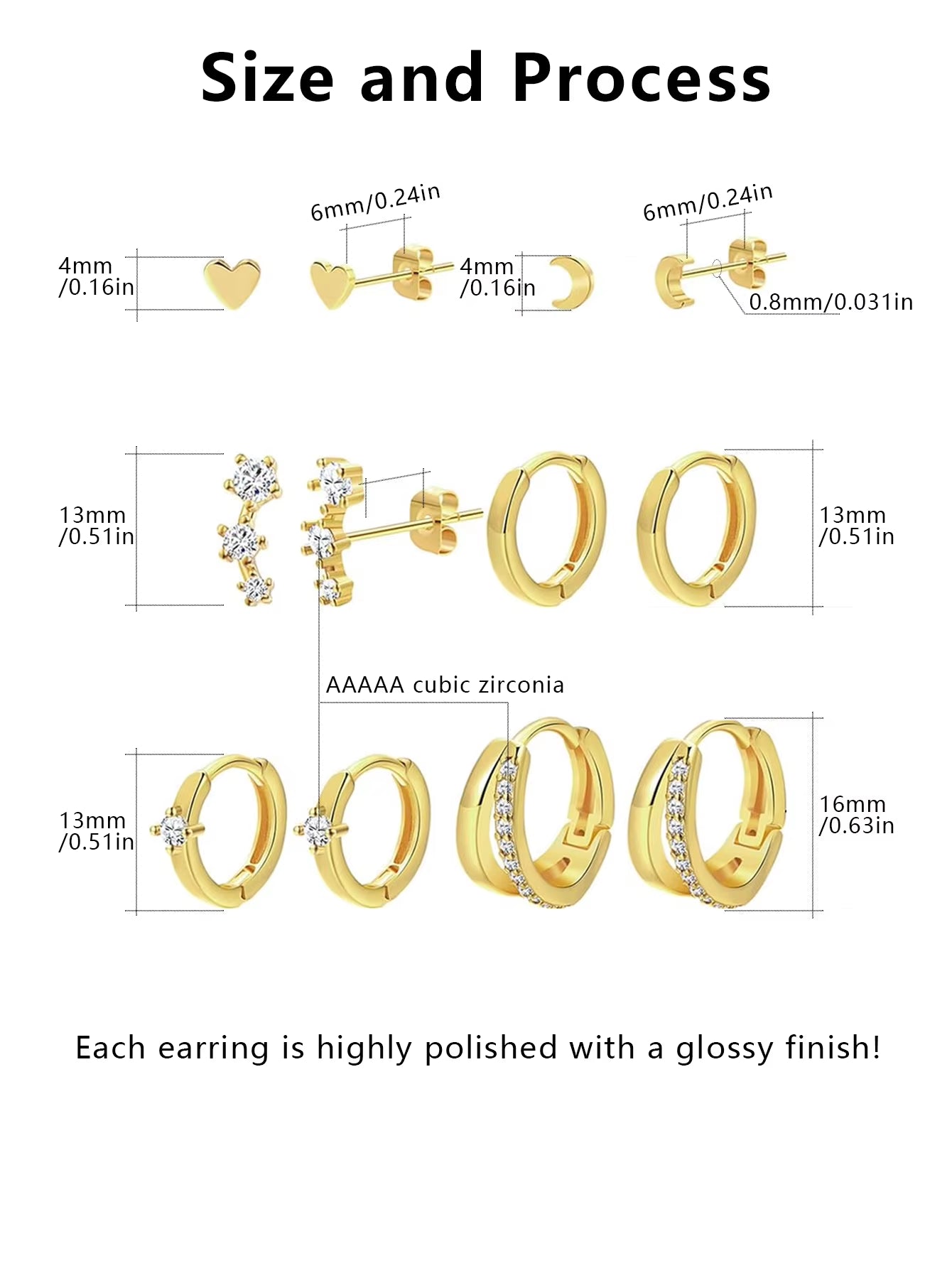 6 Pairs Small Gold Hoop Stud Earrings Set for Somen, 14K Gold Plated Huggie Hoop Earrings Double Hoop Earrings CZ Stud Earrings