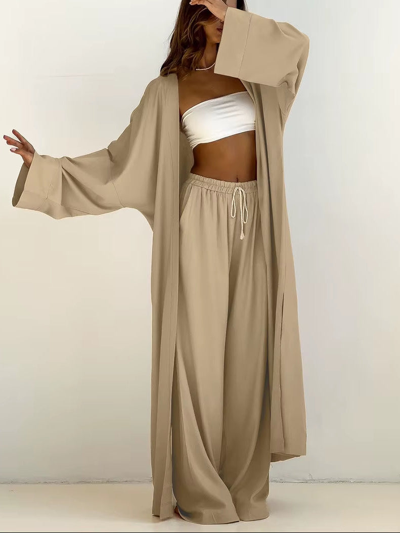 Fashion Loose Khaki 2 Piece Sets Women Outfit 2024 Casual Long Sleeve Robes with High Waist Wide Pants Set Streetwear