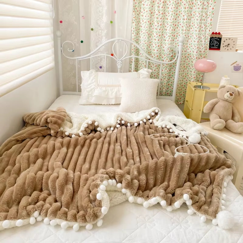 Solid Color Striped Fluffy Blanket Milk Velvet Soft Blanket with Cute Pompoms 3D Stereo Craft Travel Warm Bedding All Season