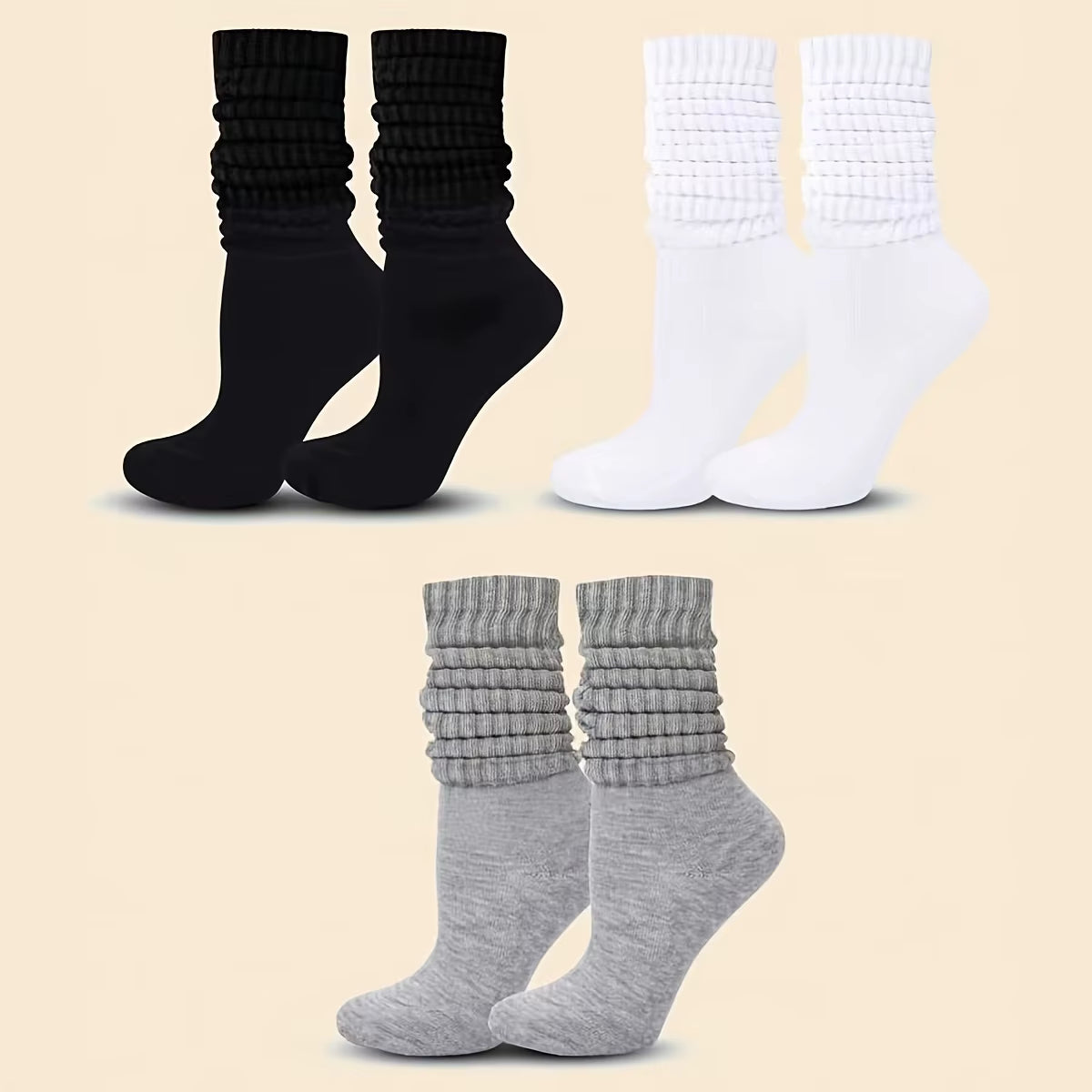 3 Pairs Solid Simple Socks, Soft & Comfy Slouchy Mid-Calf Socks, Women'S Stockings & Hosiery