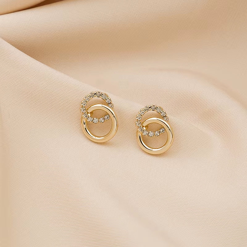 Gold Color Double Circle Stud Earrings for Women Korean Exquisite Simple Metal Crystal Earring Luxury Party Jewelry Gifts