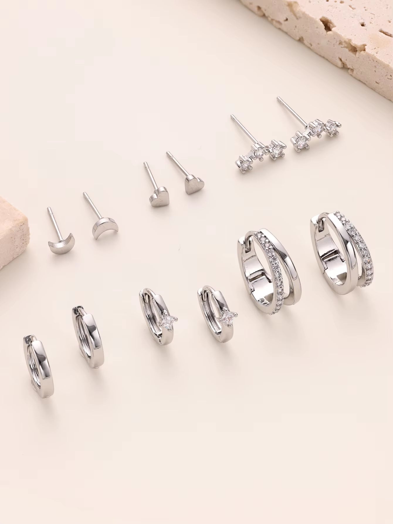 6 Pairs Small Gold Hoop Stud Earrings Set for Somen, 14K Gold Plated Huggie Hoop Earrings Double Hoop Earrings CZ Stud Earrings