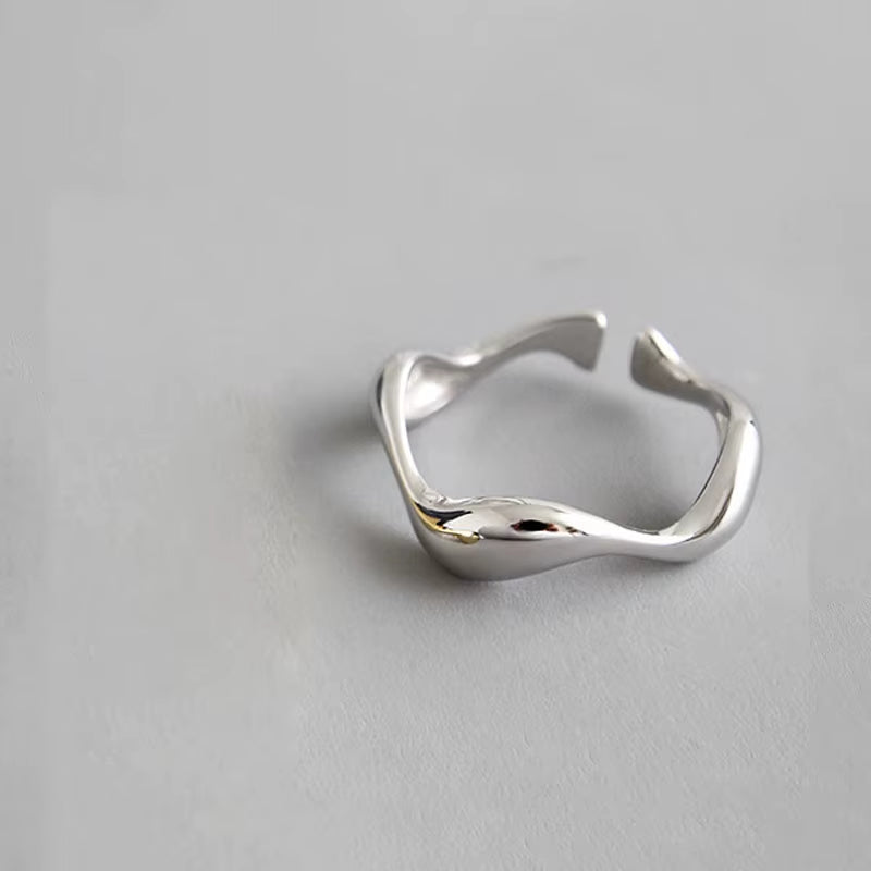 Silver Color Creative Handmade Rings Irregular Wave Smooth Engagement Jewelry for Women Size 16.5Mm Adjustable
